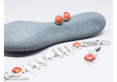 Ensemble pendentif, bracelet et boucles d'oreilles corail et argent 